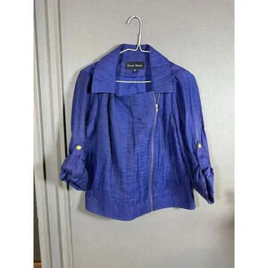 Royal Blue Black Rainn Linen Moto Asymmetric Zip Front Jacket Women’s Size S